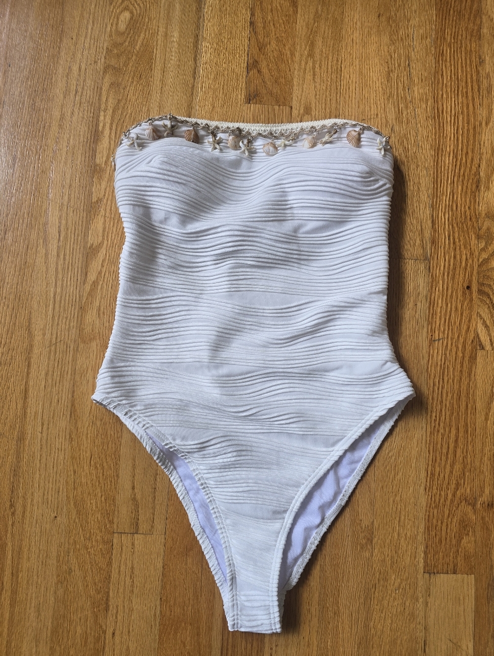 Strapless White One-Piece Swimsuit with Seashell Detail
